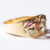 Vintage-Ring aus 18 Karat Gold mit weißer und fuchsiafarbener Glaspaste sowie rosa und orangefarbener Glaspaste, 70er/80er Jahre