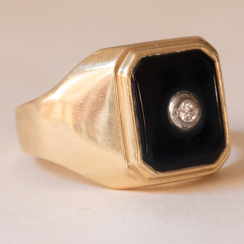 Anello vintage da uomo in oro 9K con onice e pietra bianca imitazione di diamante, anni ‘60