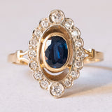 Französischer Vintage Navette-Ring aus 18 Karat Gelbgold und 18 Karat Weißgold mit Saphir und Diamant (ca. 0.24 Karat), 60er