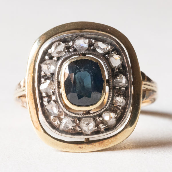 Anello vintage a margherita in oro 18K e argento con zaffiro e diamanti di taglio rosetta, anni '50