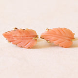 Vintage 18K yellow gold rose coral leaf earrings, 50s