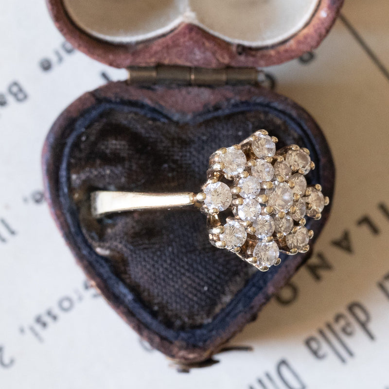 Bague marguerite vintage en or 14 carats avec diamants taillés en brillant (environ 1 ct), années 1960/1970