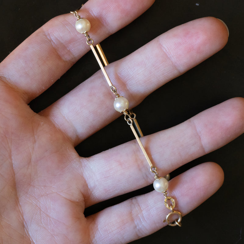 Braccialetto semirigido vintage in oro 14K con perle, anni ‘70