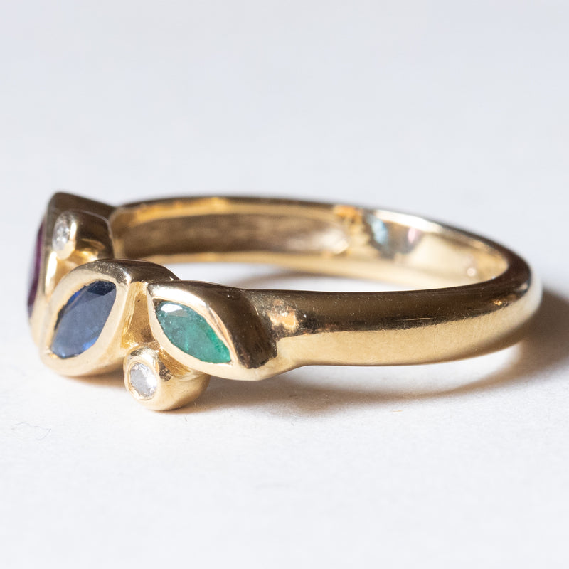 Vintage 14K gold ring with ruby, emerald, sapphire and diamonds (0.05ctw approx.), 1970s / 1980s