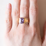 Vintage 14K gold band ring with blue-violet sapphire and white zircons, 70s