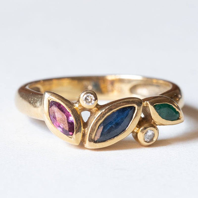 Vintage 14K gold ring with ruby, emerald, sapphire and diamonds (0.05ctw approx.), 1970s / 1980s