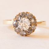 Antiker Gänseblümchen-Ring aus 14 Karat Gelbgold und Silber mit Diamanten aus der Mitte der alten Mine (ca. 0.40 ct) und Rosetten-Seitendiamanten, 10er Jahre