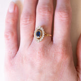 Französischer Vintage Navette-Ring aus 18 Karat Gelbgold und 18 Karat Weißgold mit Saphir und Diamant (ca. 0.24 Karat), 60er
