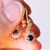 Boucles d'oreilles vintage en or 18 carats avec pierres blanches et bleues, 70