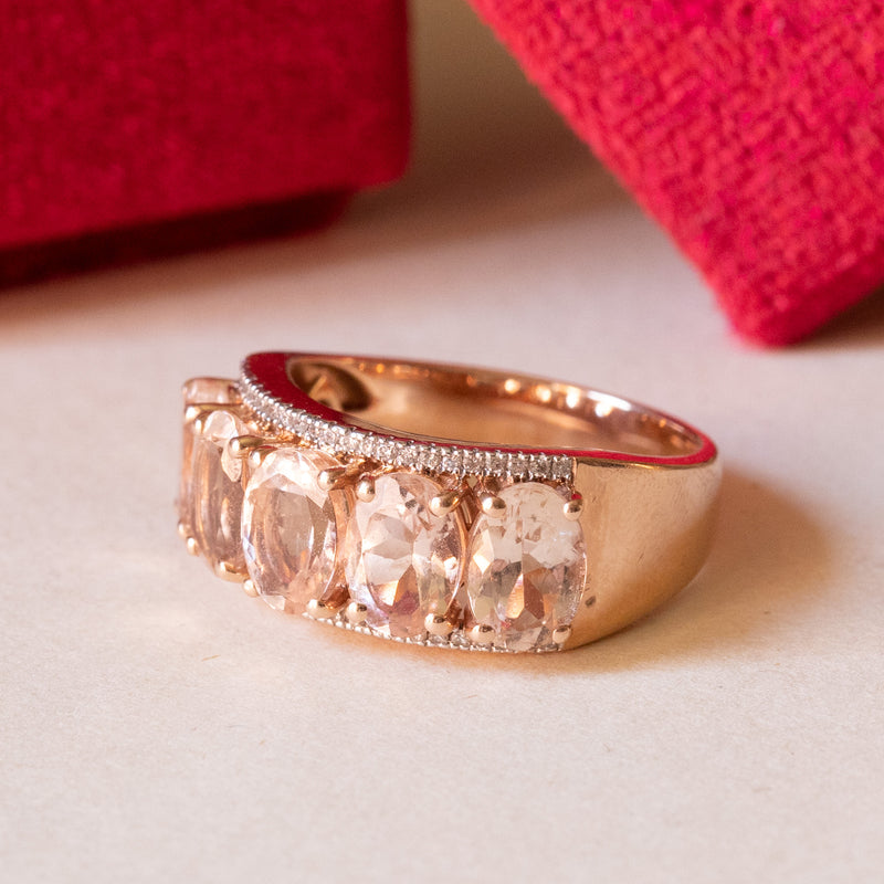Veretta vintage in oro rosa 14K con morganiti rosa (3.50ctw ca.) e diamanti (0.13ctw ca.), anni ‘70
