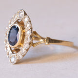 Französischer Vintage Navette-Ring aus 18 Karat Gelbgold und 18 Karat Weißgold mit Saphir und Diamant (ca. 0.24 Karat), 60er