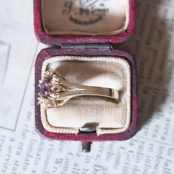 Anello a margherita vintage in oro 14K con rubini e diamanti (0.06ctw ca.), anni ‘60/‘70