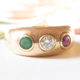 Vintage Gypsy Ring in 18 Karat Gelbgold mit Rubin (ca. 0.30 ct), Diamant (ca. 0.25 ct) und Smaragd (ca. 0.25 ct), 70er Jahre