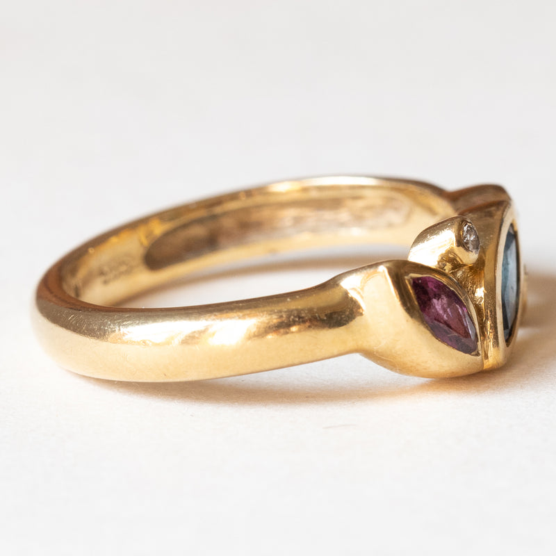 Bague de créateur 1980' en or jaune, rubis et émeraude Bague de créateur 1980' en or jaune, rubis et émeraude
