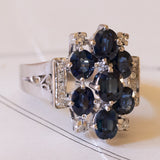 Vintage 18K white gold ring with synthetic sapphires (approx. 4ctw) and diamonds (approx. 0.10ctw), 70s