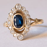 Französischer Vintage Navette-Ring aus 18 Karat Gelbgold und 18 Karat Weißgold mit Saphir und Diamant (ca. 0.24 Karat), 60er