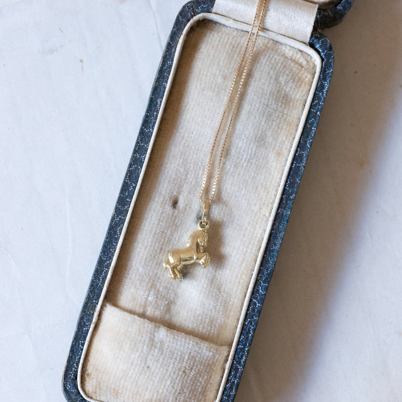 Collana vintage in oro 10K con ciondolo in oro 8K a forma di cavallo, anni '80