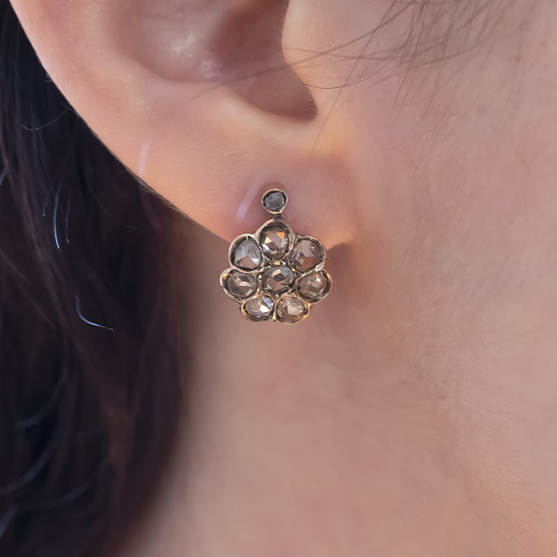 Antique 14K gold earrings with rosette cut diamonds, early 1900s