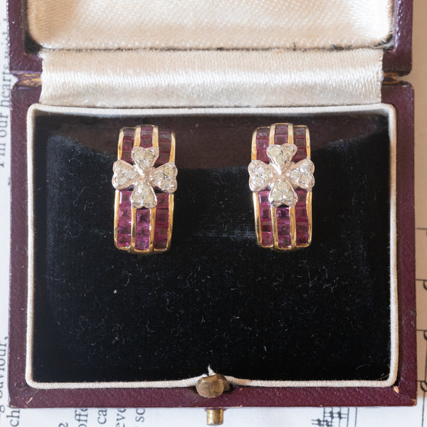 Orecchini vintage in oro 9K con rubini e diamanti, anni ‘80