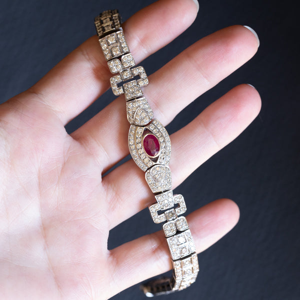 Semi-rigid vintage 18K white gold bracelet with natural ruby (approx. 0.90ct) and diamonds (approx. 6.30ctw), 1960s