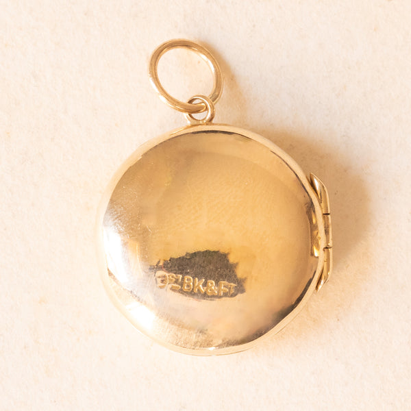 Ciondolo portafoto rotondo vintage con lamina in oro giallo 9K su metallo, anni ‘50/‘60
