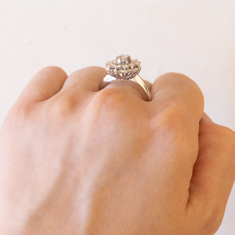 Bague marguerite vintage en or blanc 18 carats avec diamants (env. 0,80 ct), 1960