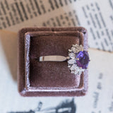 Vintage 14K white gold daisy ring with amethyst (approx. 3ct) and diamonds (approx. 0.12ctw), 70s