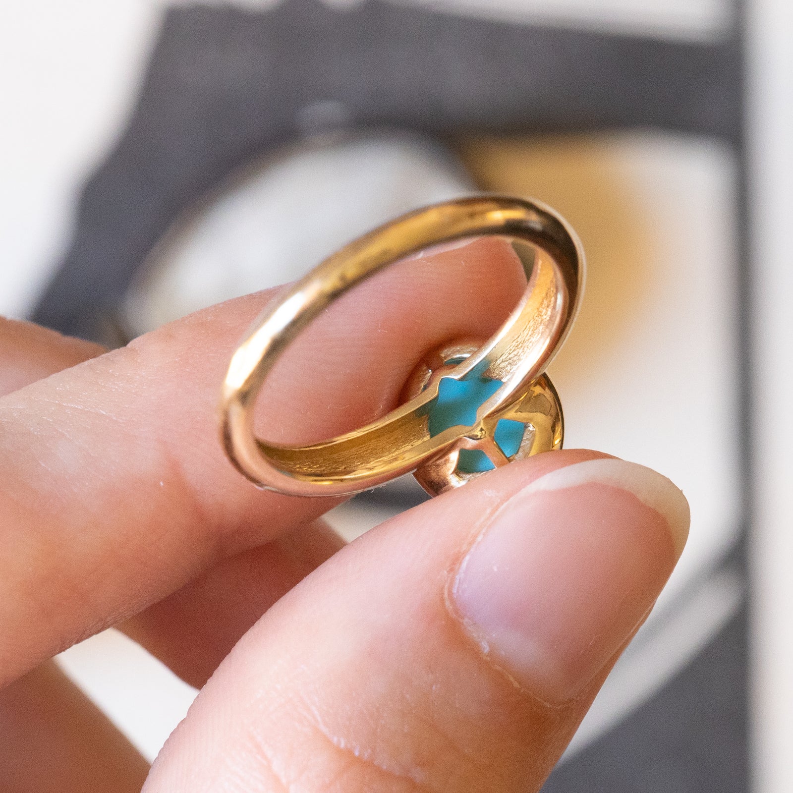Bague En Argent 925 Doré Avec Pâte De Turquoise Ovale — Taille 19, Neuf Avec étiquettes