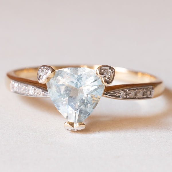 Anello vintage in oro 14K con acquamarina e diamanti, anni ‘70/‘80