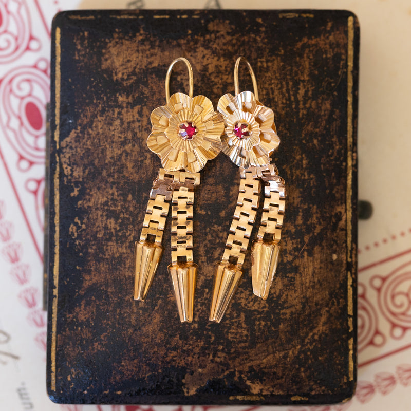 18K gold earrings with red glass paste, 1940s