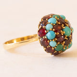 Vintage Ring aus 18 Karat Gelbgold mit gewölbtem Granat, rotem Glas und Türkis, 50er Jahre