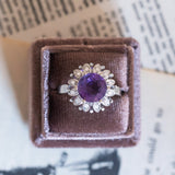 Vintage 14K white gold daisy ring with amethyst (approx. 3ct) and diamonds (approx. 0.12ctw), 70s