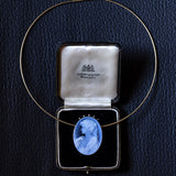 Collier vintage en or 18K et 14K avec camée sur agate bleue et diamants, années 80