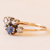 Antike Toi et Moi + Trilogie in 18 Karat Gelbgold und Silber mit Saphir und Diamanten (Mitte ca. 0.10 ct), 10er/20er Jahre