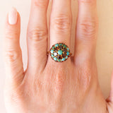 Vintage Ring aus 18 Karat Gelbgold mit gewölbtem Granat, rotem Glas und Türkis, 50er Jahre