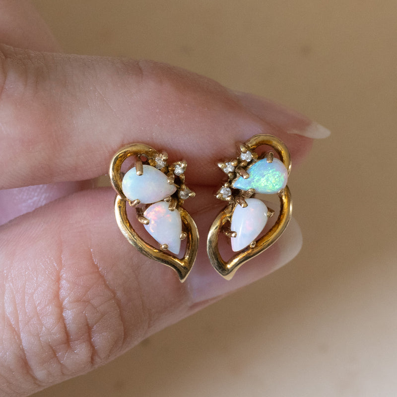 Orecchini vintage in oro 14K con opali e diamanti, anni ‘70