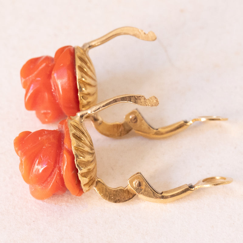 🌹Orecchini vintage a forma di rose in oro giallo 18K con corallo arancione, anni ‘50