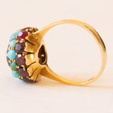Vintage Ring aus 18 Karat Gelbgold mit gewölbtem Granat, rotem Glas und Türkis, 50er Jahre