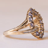Anello vintage a navette in oro 8K con ioliti lilla e diamanti, anni ‘70