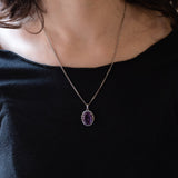 Vintage Halskette aus 14 Karat Weißgold mit Amethyst (ca. 6 Karat) und Diamant (ca. 0.12 Karat) mit Silberkette, 70er