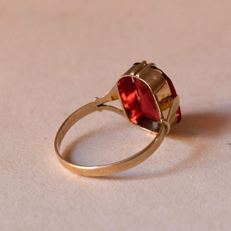 Bague vintage en or 18 carats avec pâte de verre rouge, 1950