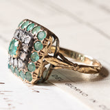 Anello vintage in oro giallo 18K e argento con smeraldi e diamanti di taglio rosetta, anni ‘50