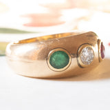 Vintage Gypsy Ring in 18 Karat Gelbgold mit Rubin (ca. 0.30 ct), Diamant (ca. 0.25 ct) und Smaragd (ca. 0.25 ct), 70er Jahre