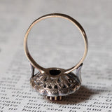 Anello a margherita vintage in stile antico in oro 18K e argento con rubino e diamanti