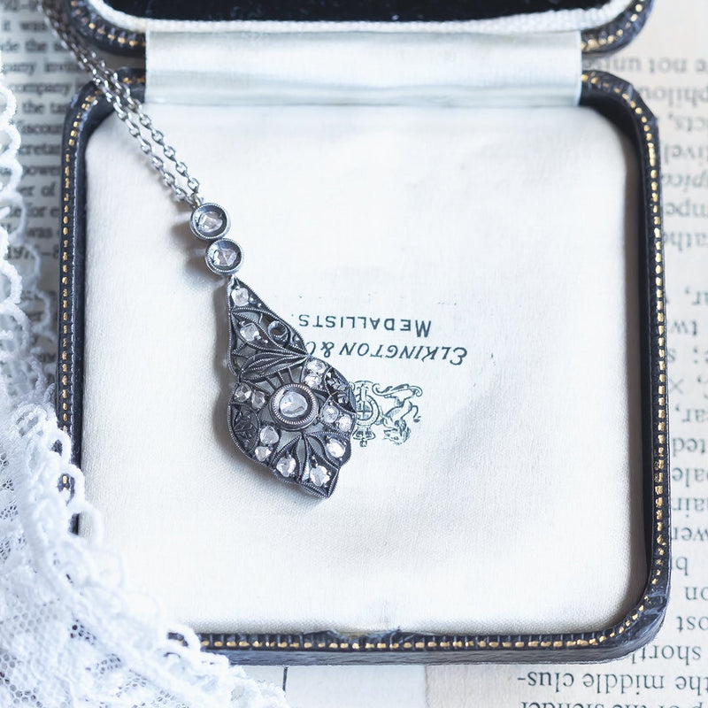 Collana Art Nouveau in oro 14K e argento con diamanti di taglio rosetta, anni ‘10/‘20