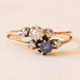 Antike Toi et Moi + Trilogie in 18 Karat Gelbgold und Silber mit Saphir und Diamanten (Mitte ca. 0.10 ct), 10er/20er Jahre