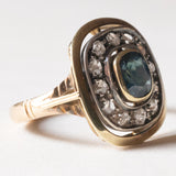 Anello vintage a margherita in oro 18K e argento con zaffiro e diamanti di taglio rosetta, anni '50
