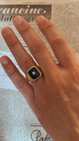 Vintage Herrenring aus 9 Karat Gold mit Onyx und weißem Diamantimitat, 60er Jahre