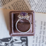 Vintage 14K white gold daisy ring with amethyst (approx. 3ct) and diamonds (approx. 0.12ctw), 70s