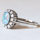 🌌 Vintage 14 Karat Weißgold Triplet Opal & Diamanten im Brillantschliff (ca. 0.24 ctw) Gänseblümchen-Ring, 60er Jahre